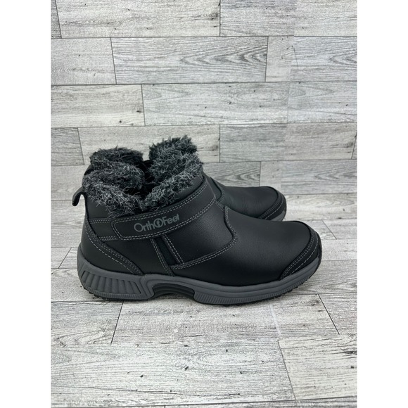 Orthofeet 793 Black Leather‎ Faux Fur Trim Orthopedic Ankle Boots Men 7B EU 37.5 main image 10